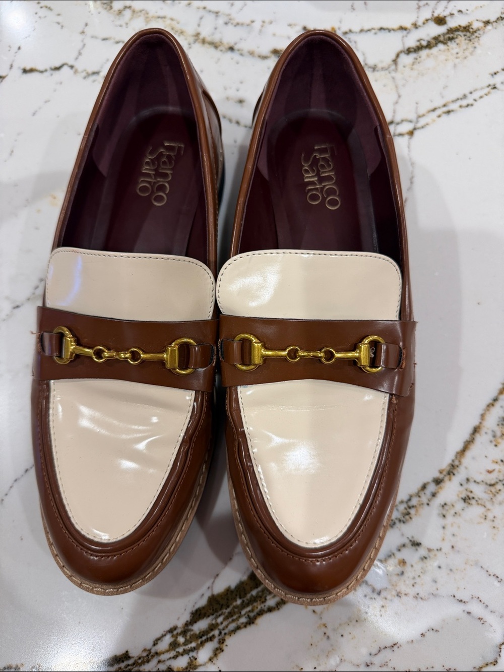Franco Sarto Two-Tone Brown and Cream Leather Horsebit Loafers